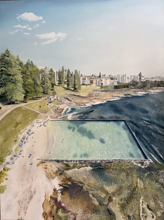 Aerial oil painting of an ocean pool on a grassy headland