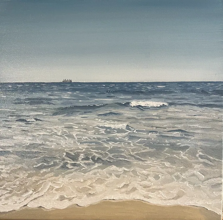Oil painting of foaming shorebreak washing up a wide beach
