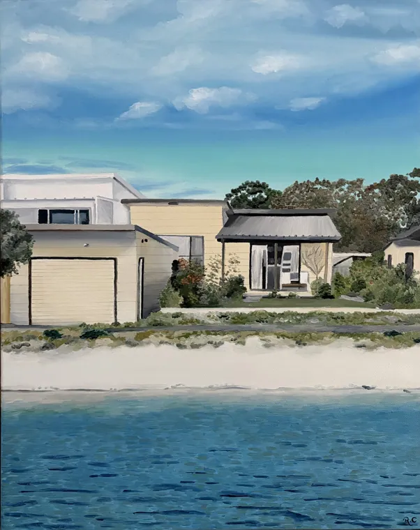 Oil painting of beach houses behind a sandy beach, seen from the water