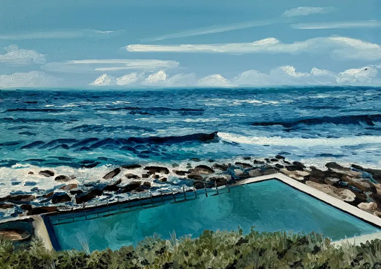 Oil painting of an ocean pool on a rock shelf with deep blue sea beyond