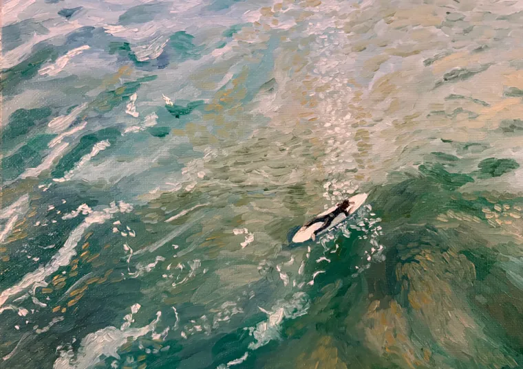 Aerial oil painting of a lone surfer paddling across clear turquoise water