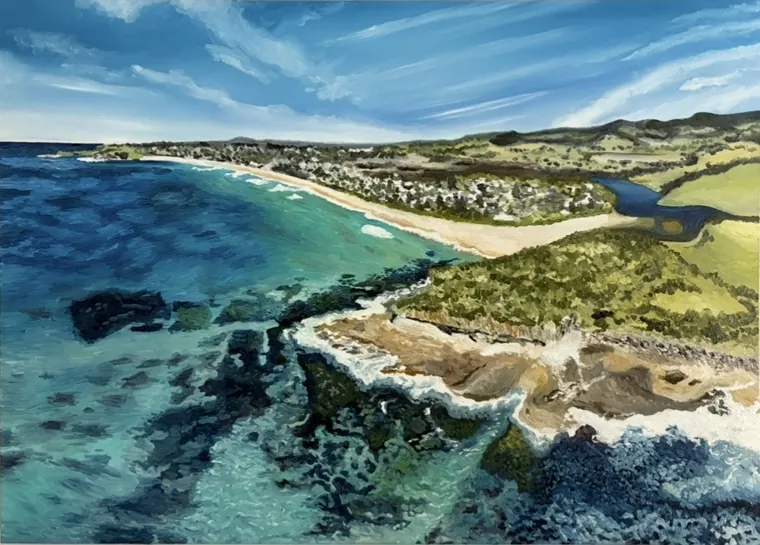 Aerial oil painting of a coastline with a beach curving away below a green headland