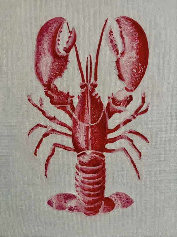 Lino style print of a red lobster on a pale grey background